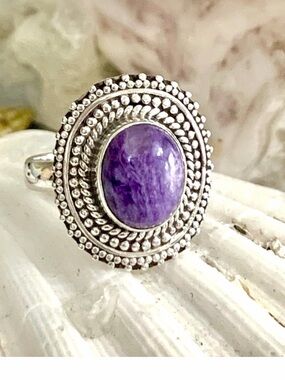 Rare Sugilite Mayan Style Sterling Silver Ring